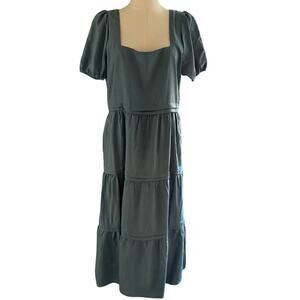 Kirundo Blue Square Neck Puff Sleeve Tiered Maxi Dress Pockets Medium Lagenlook